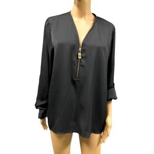 Michael Michael Kors Black Zipper V neck Long Roll Tab Sleeve Blouse Womens 10